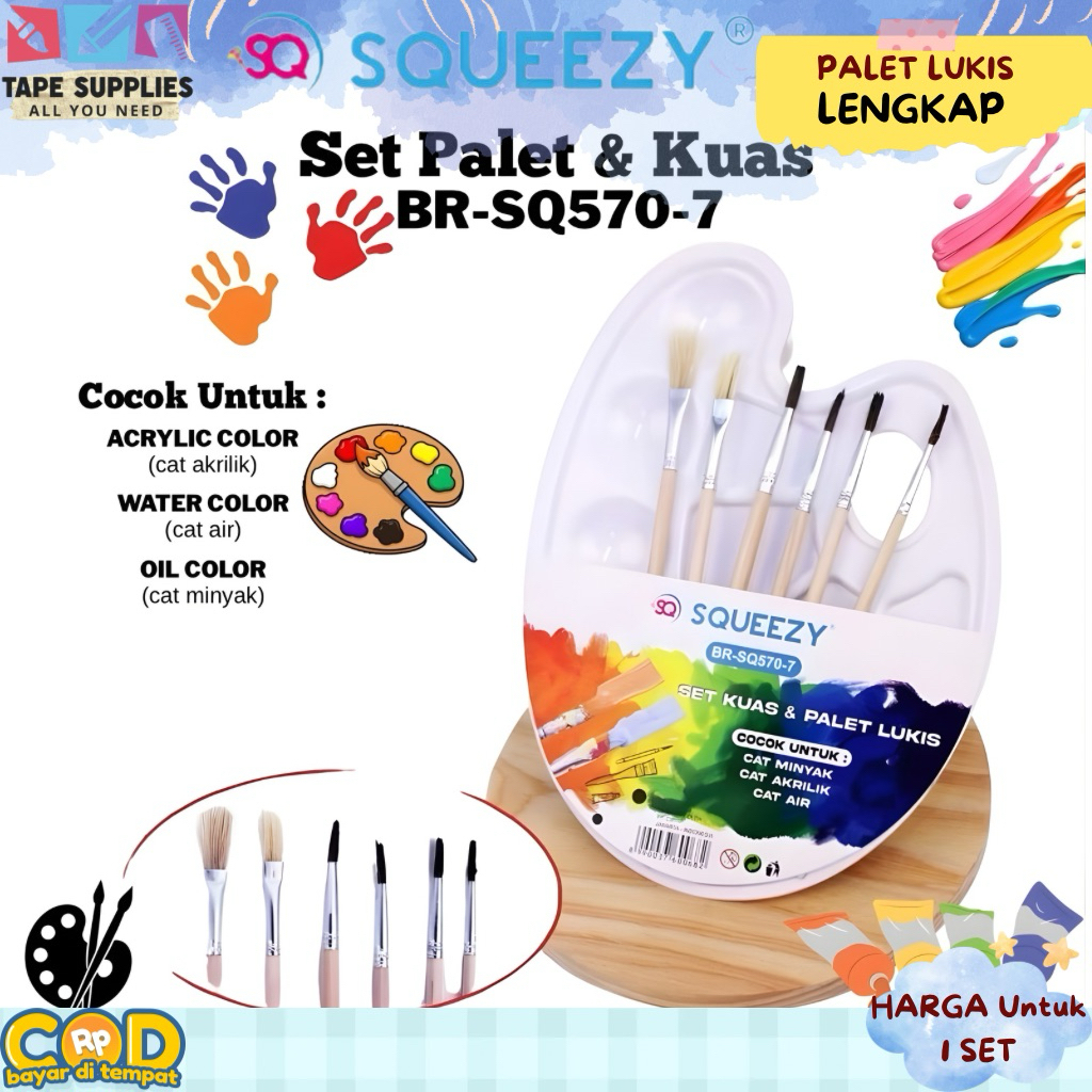 SQUEEZY Set Palet Lukis + Kuas Set Kuas Lukis Lengkap Palet Cat Air Acrylic Oil Painting