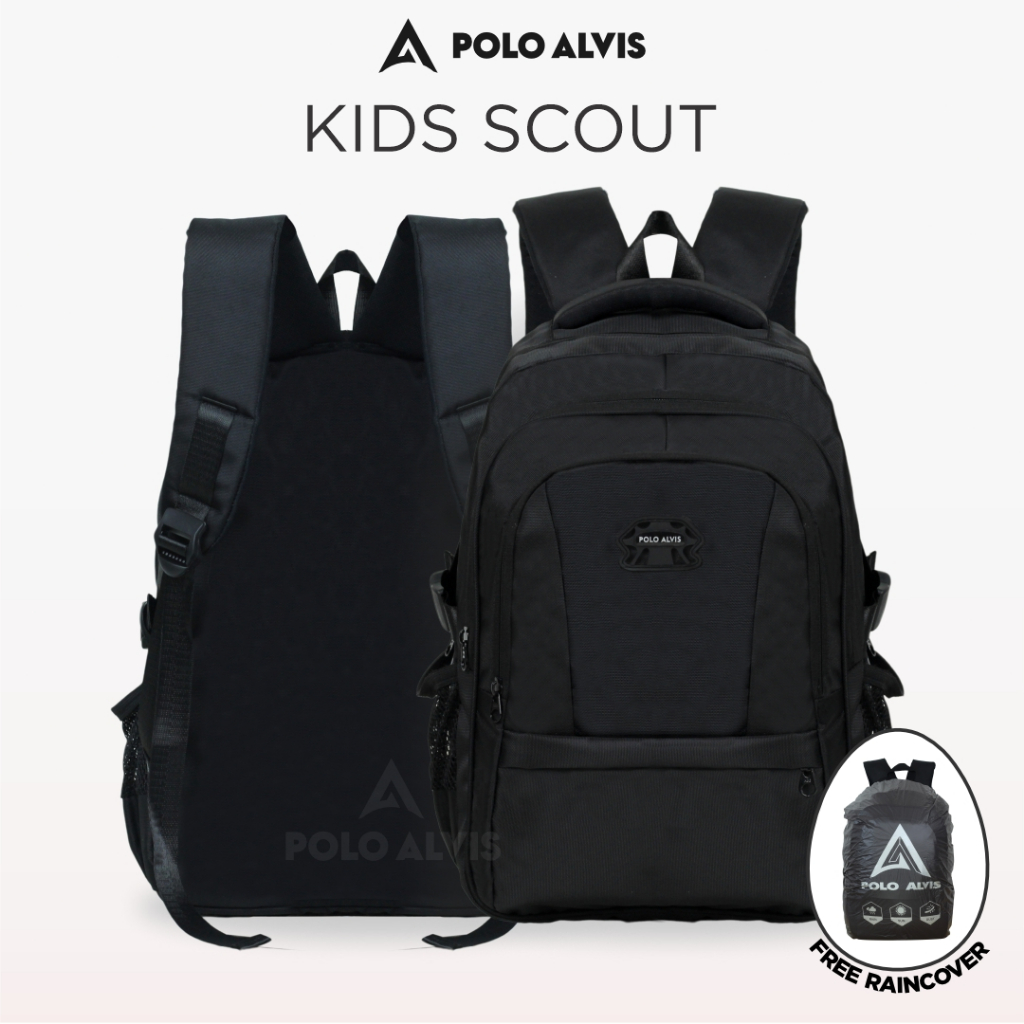 POLO ALVIS - Kids Scout Tas Sekolah Anak TK SD Ransel Cowok Hitam Polos Tas Sekolah Les Laki-laki