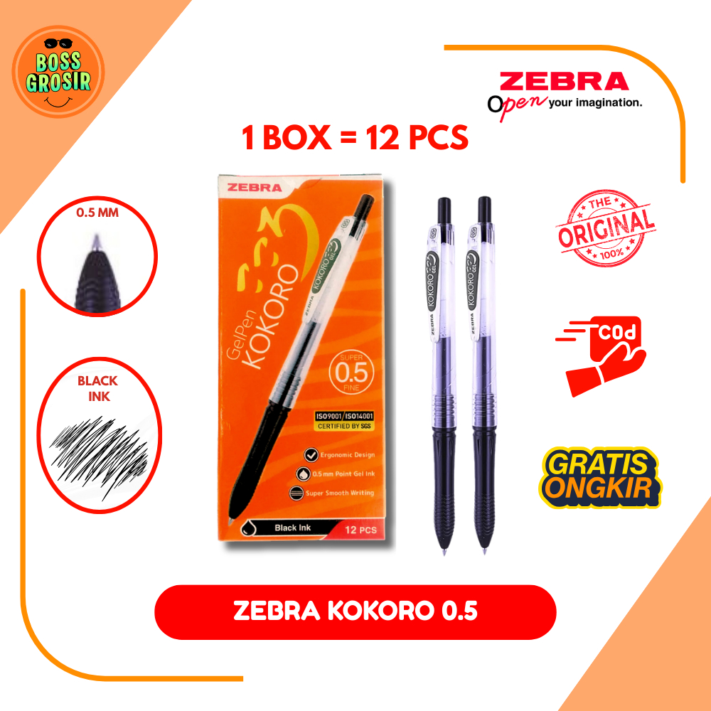Boss Grosir - Zebra Kokoro Gel Pen 0.5mm 1 Lusin (12 Pcs) / Pulpen Lucu / Pulpen Enak / Nyaman / Vir