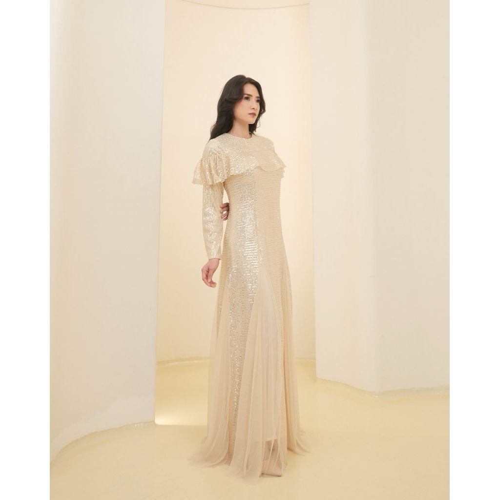 baju lebaran outfit kondangan wanita long dress longdress pesta party SEQUIN cream gold krem prelove