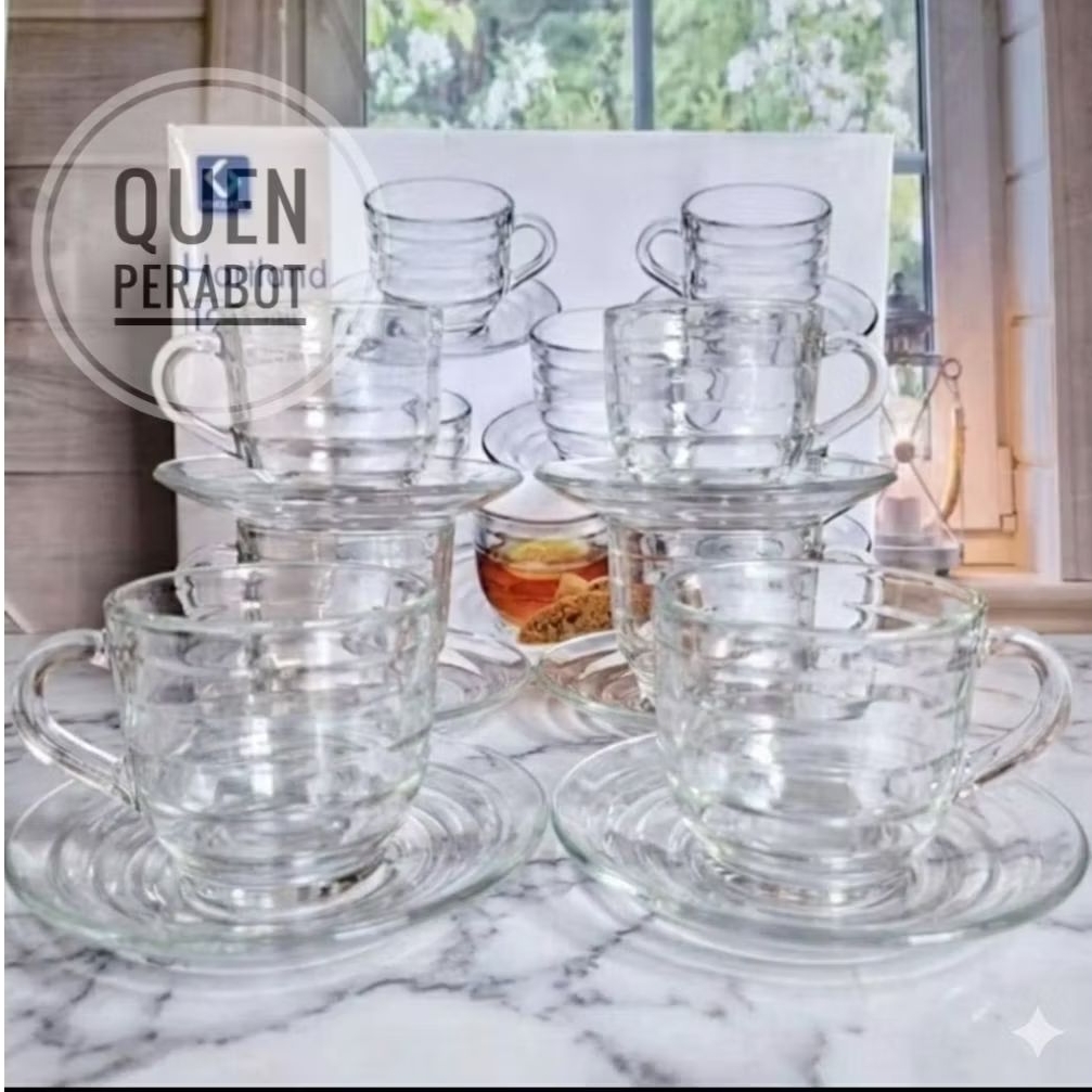 promo cangkir set tamu bahan kaca bening ulir..