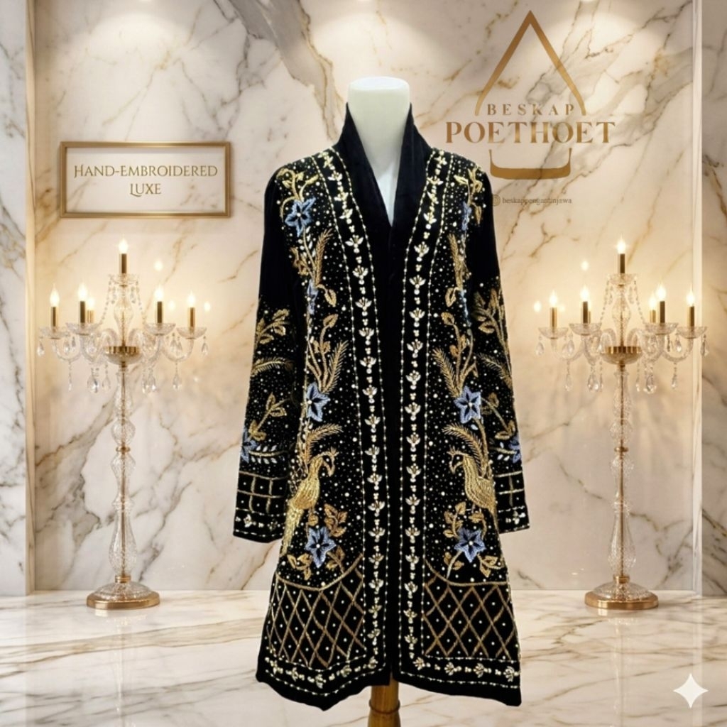 kebaya pengantin jawa solo putri beludru hitam payet gold mix denim premium panjang selutut