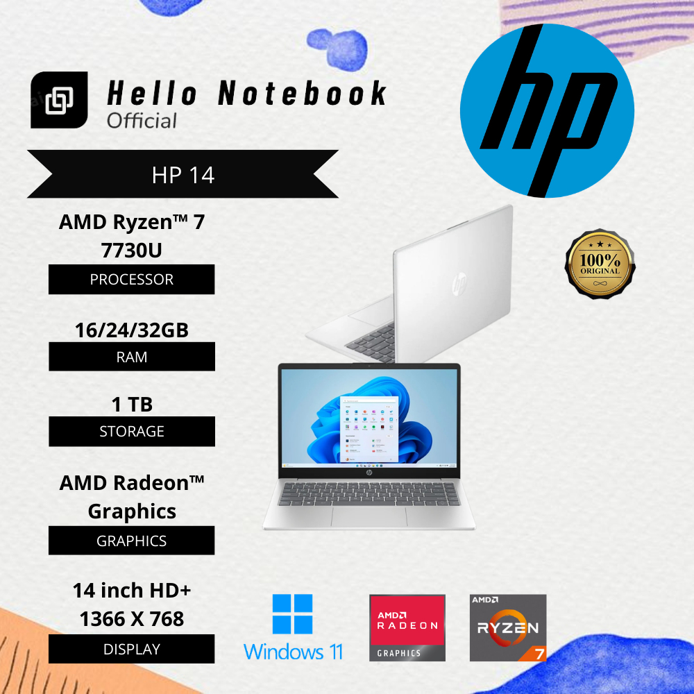 Laptop Baru Hp 14 Amd Ryzen 7 7730u (16cpus, up to 4.5GHz) SSD
