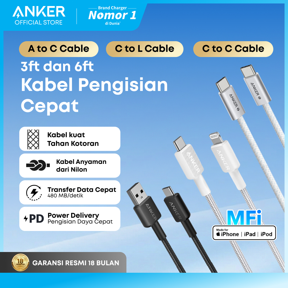 Anker Kabel Charger MFi iPhone X 11 12 13 14 15 16 PD Type C to C USB A and Lightning Fast Charging 