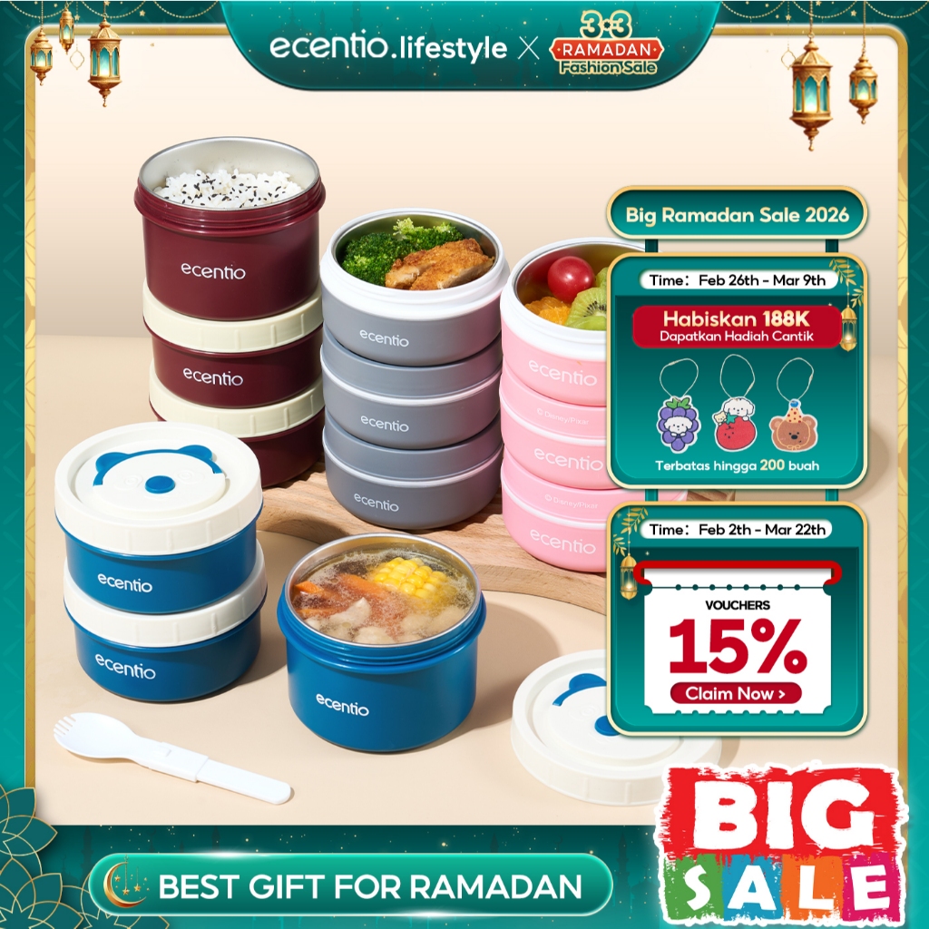 [Jepang Round Stainless Lunch Box Seri] ecentio Lunch Box Set 3pcs Rantang Susun Lunch Box Portabel 