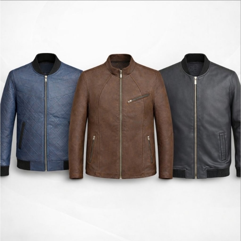 DISKON BESAR BESARAN 3 Jaket Kulit Asli Garut Custom Premium – Coklat Biker, Dark Gray Bomber & Biru
