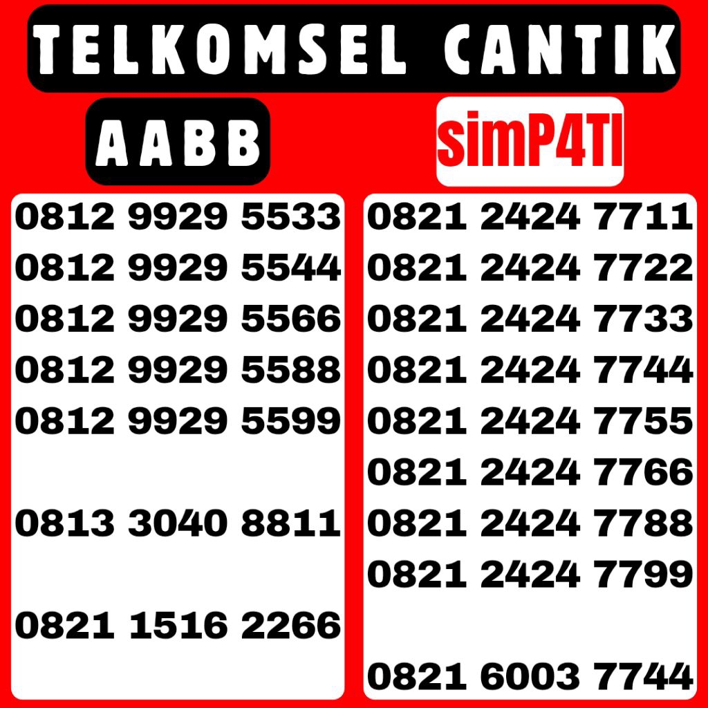 NOMOR CANTIK TELKOMSEL SIMPATI AABB SERIES || 0812 9929 AABB || 0821 2424 AABB || 0821 6003 AABB || 
