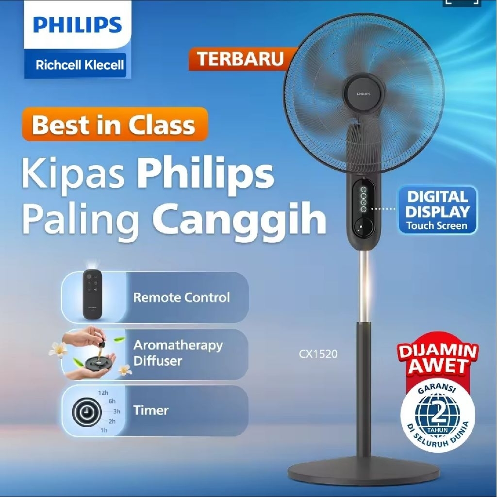 Kipas Angin Philips Hitam CX1520/01 - Paling Canggih dengan Remote & Timer, Digital Display Touch Sc