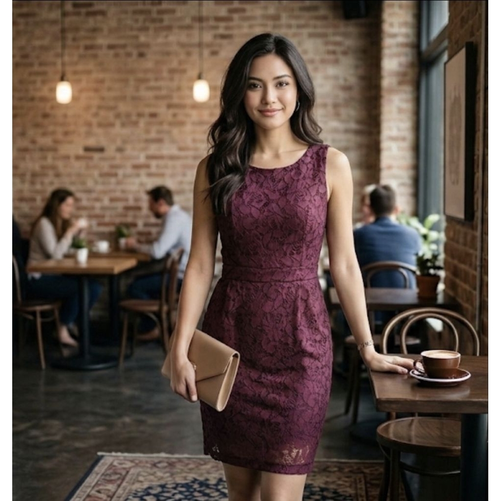 dress wanita preloved bekas merah maroon brukat renda