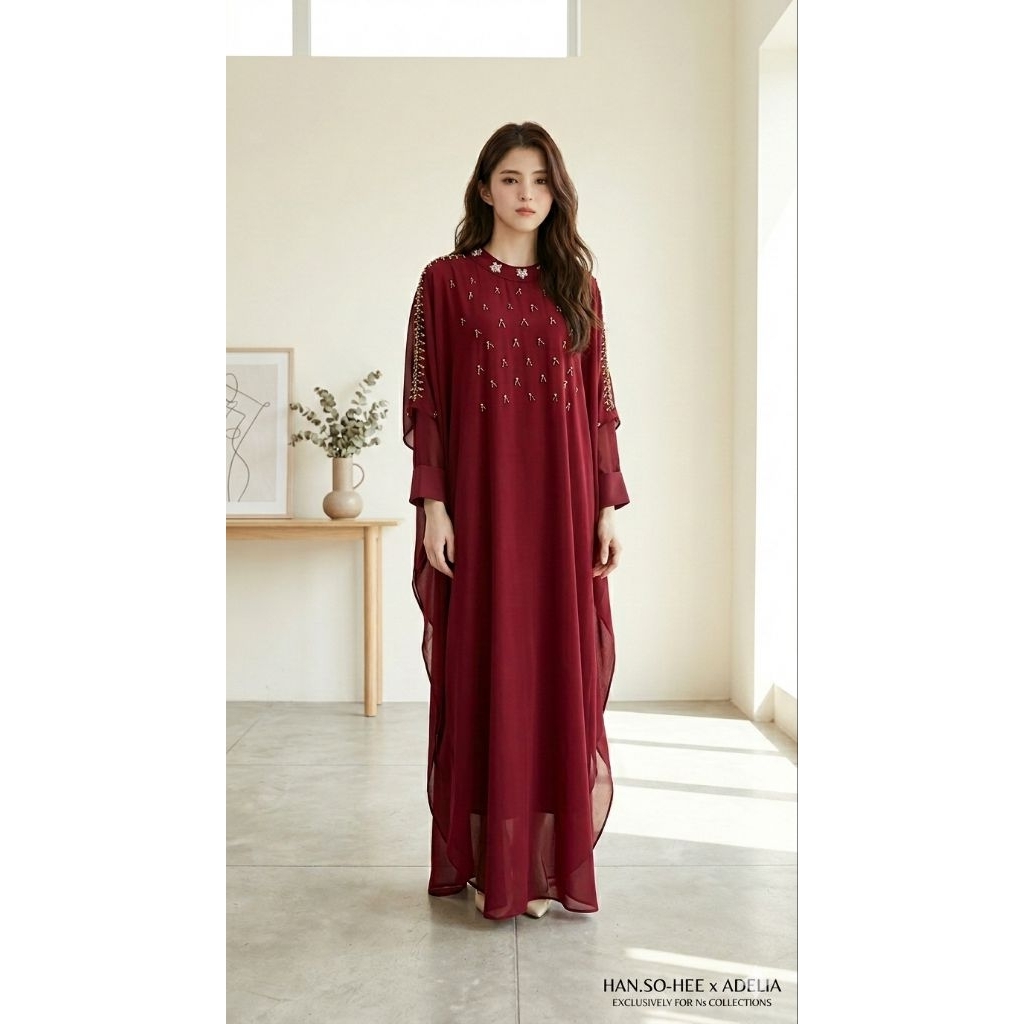 Kaftan Maroon Ceruty Free Manset Gamis