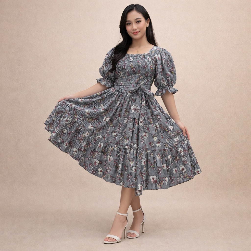 Midi Dress Princess Katun Jepang Biru Tua