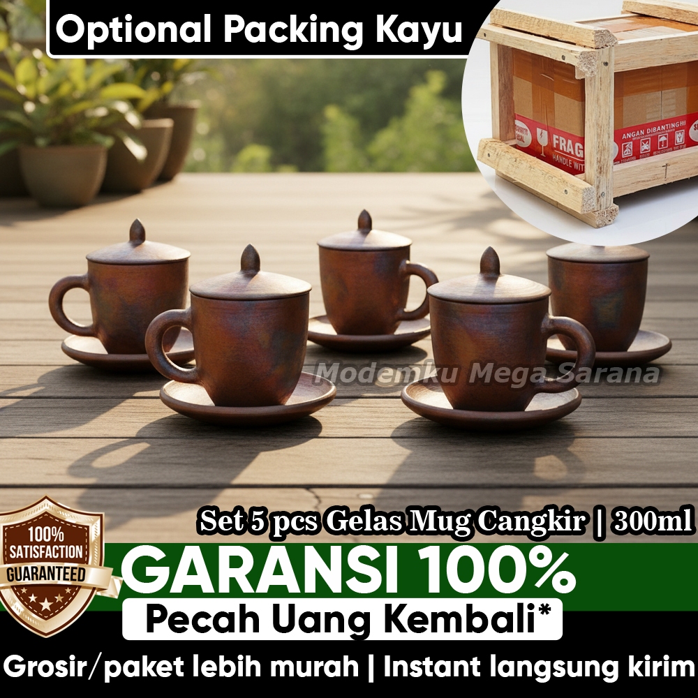 Pawon Gerabah | Set 5 pcs Gelas Mug Cangkir + Tatakan Lepek + Tutup Tanah Liat Gerabah - Kapasitas 3