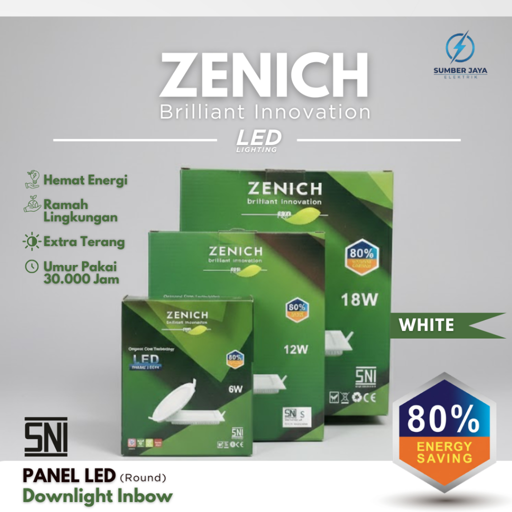 Zenich Green Lampu Downlight LED Inbow Bulat Putih 6W 12W 18W - Panel LED Slim Plafon Tanam