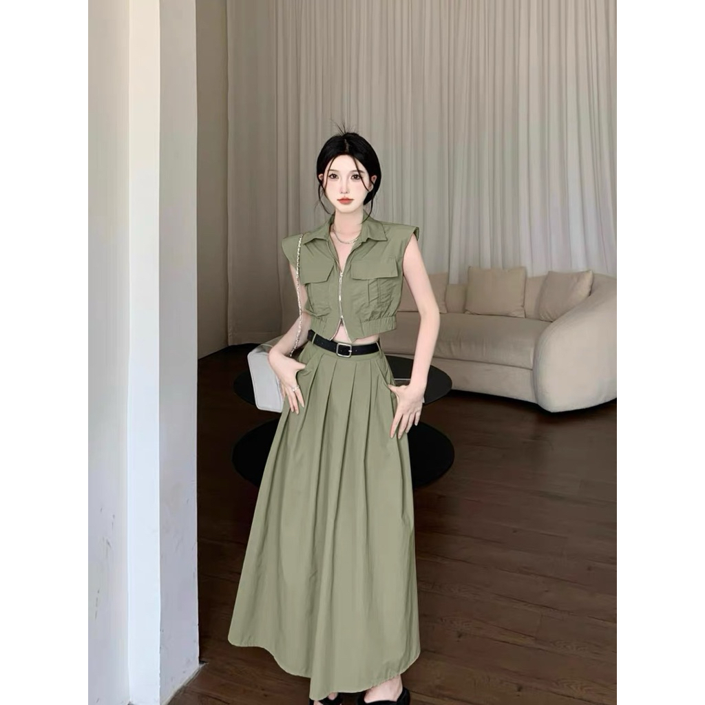 one set army green stelan rok wanita cargo parasut parachute korean look