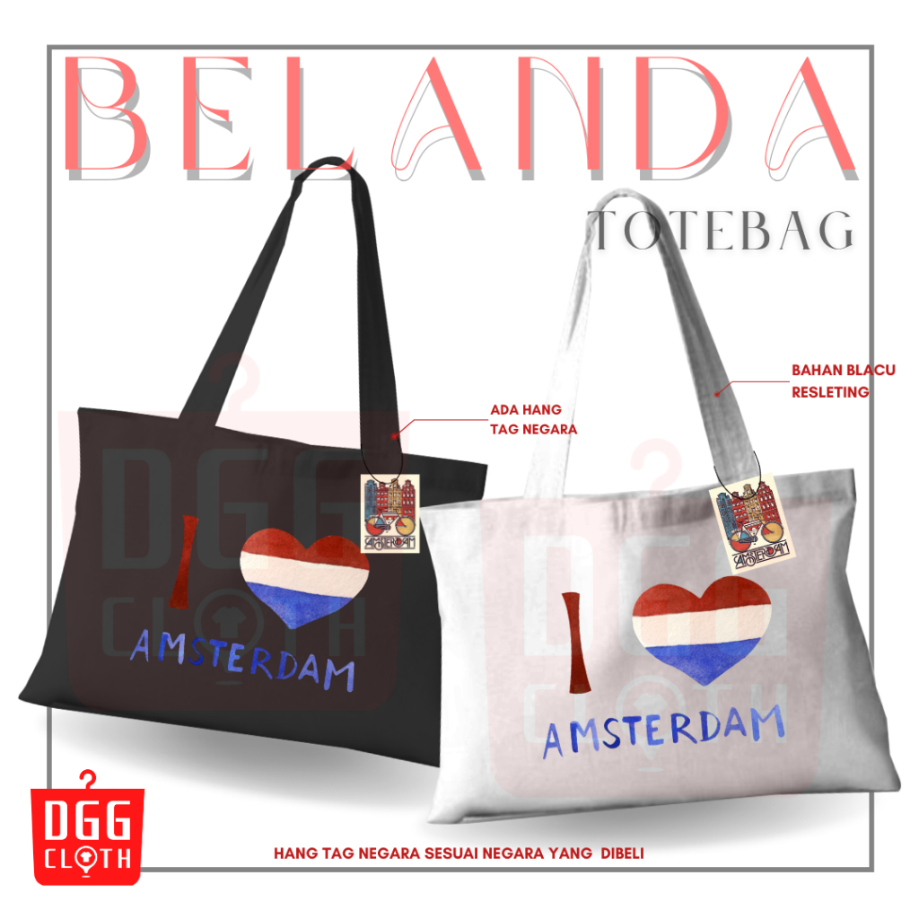 DGGCloth Tote Bag Belanda Amsterdam Totebag Sablon Oleh Oleh Belanda Bahan Blacu Premium Dengan Pere