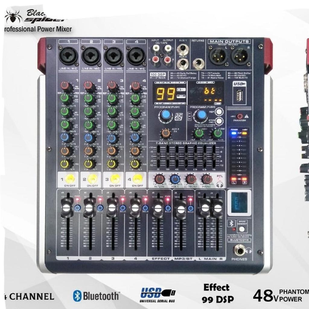 BLACK SPIDER Power Mixer ED4 4 Channel 500W DSP 99 Effect USB AUX Recording