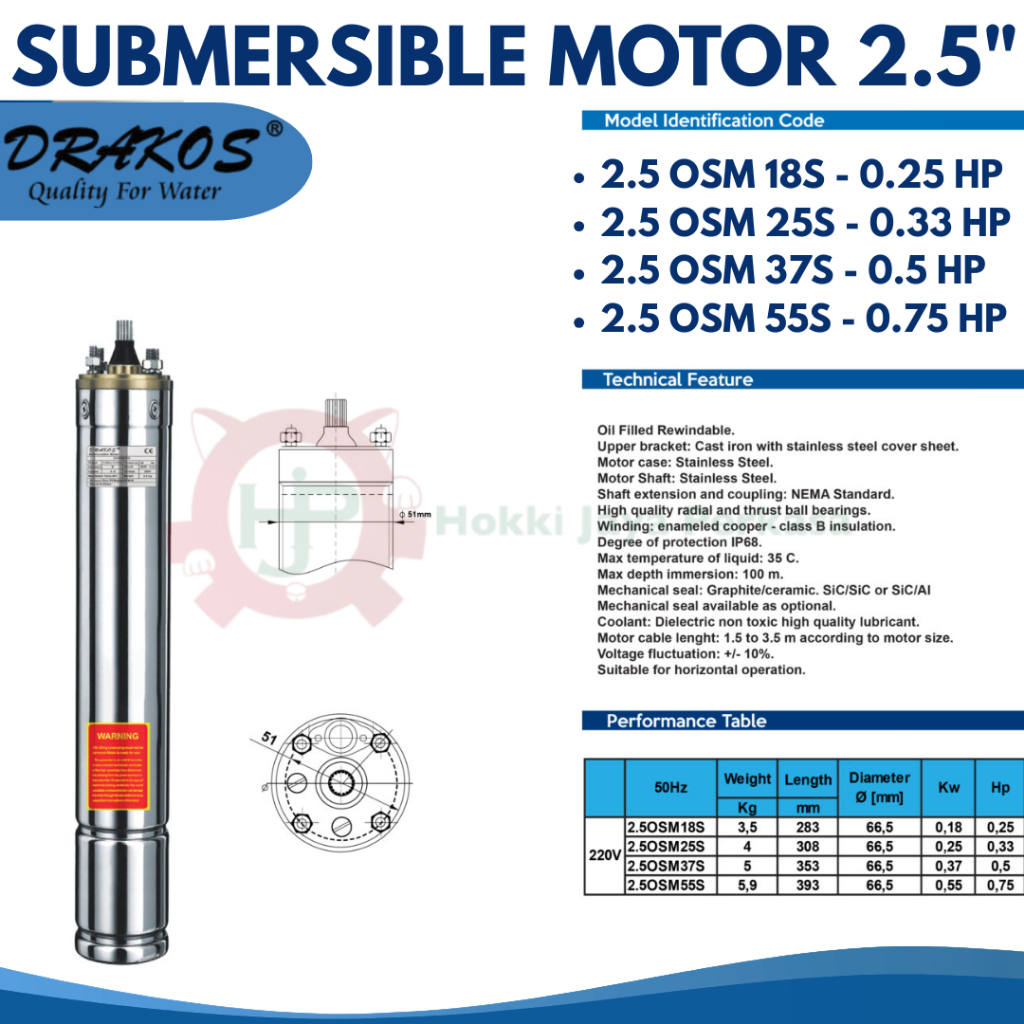 DRAKOS Submersible Motor 2.5" Motor Pompa Submersible Pump 2.5" 0.25Hp 0.33Hp 0.5Hp 0.75Hp 220V Drak