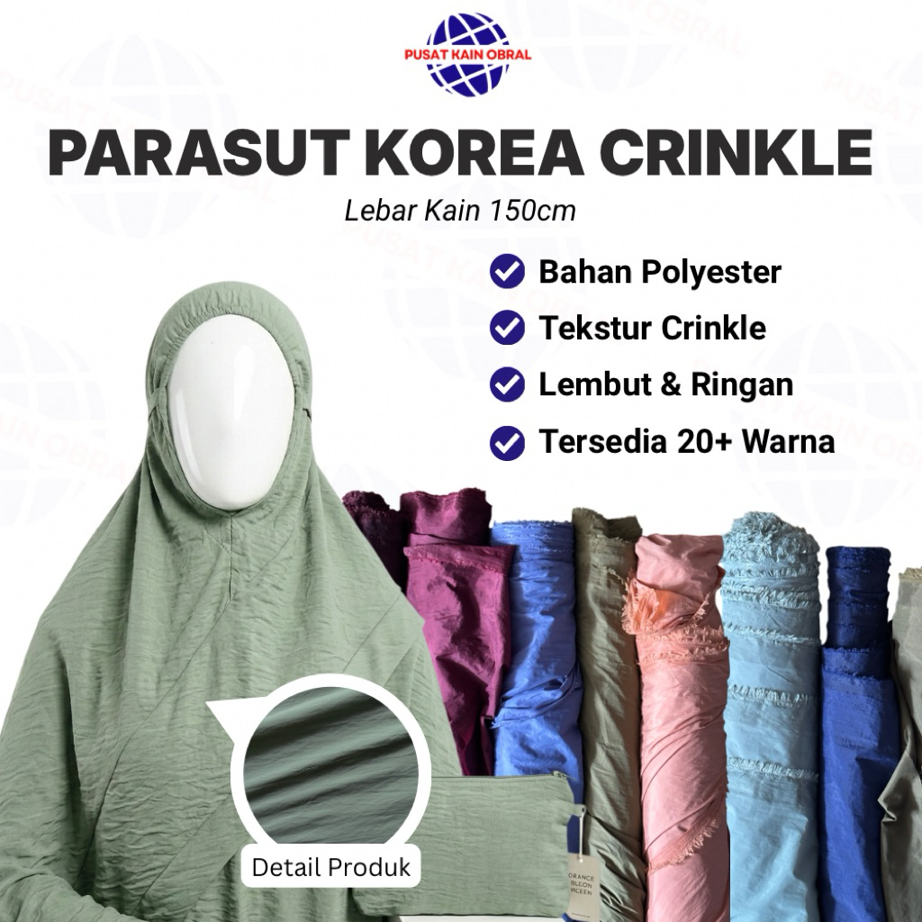 KAIN PARASUT KOREA CRINKLE (Per 0,5 Meter) LEBAR 150 CM / bahan mukena travel / kain kringkel / baha