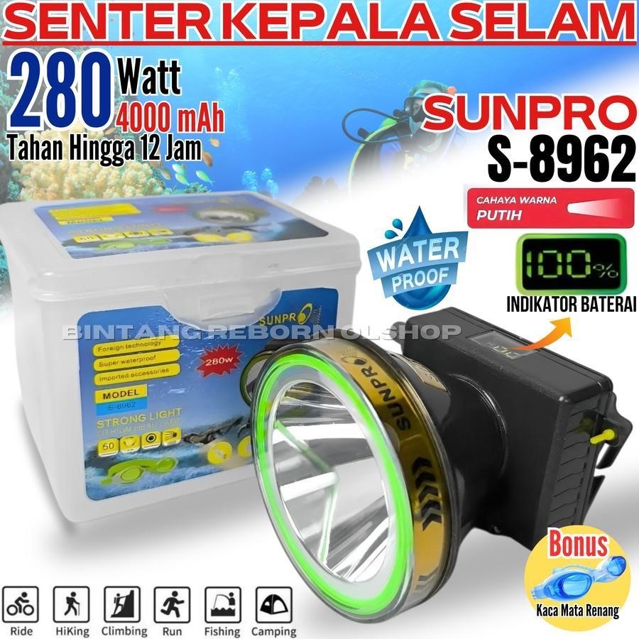 Senter Kepala LED Selam Diving 280 Watt Sunpro S-8962 Cahaya Putih Waterproof Super Terang Batre 500