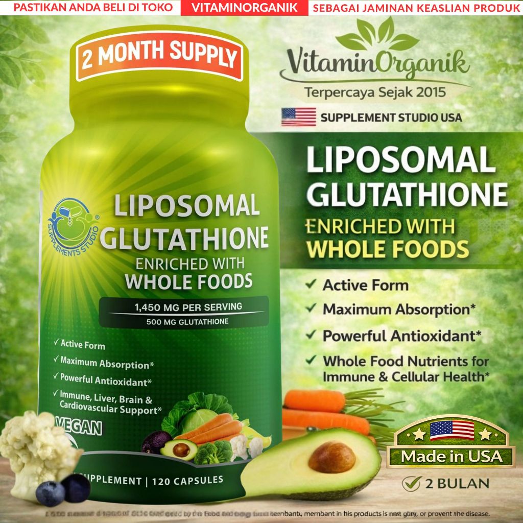 Liposomal GLUTATHIONE (L- Glutathione / REDUCED) 500Mg + 10 WholeFoods 120 Kapsul Supplement Studio 