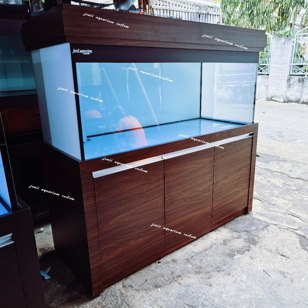 aquarium kabinet 150x60x60 alas 12 keliling 10mm sistem sump filter miring wet dry dan backwash sni 
