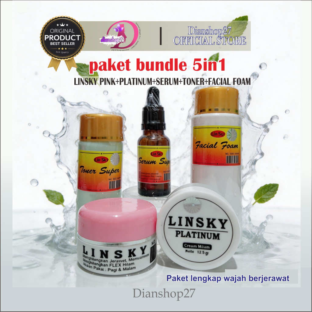 LINSKY PINK ORIGINAL - paket set bundling 5pcs lengkap cream toner serum sabun ampuh atasi jerawat w