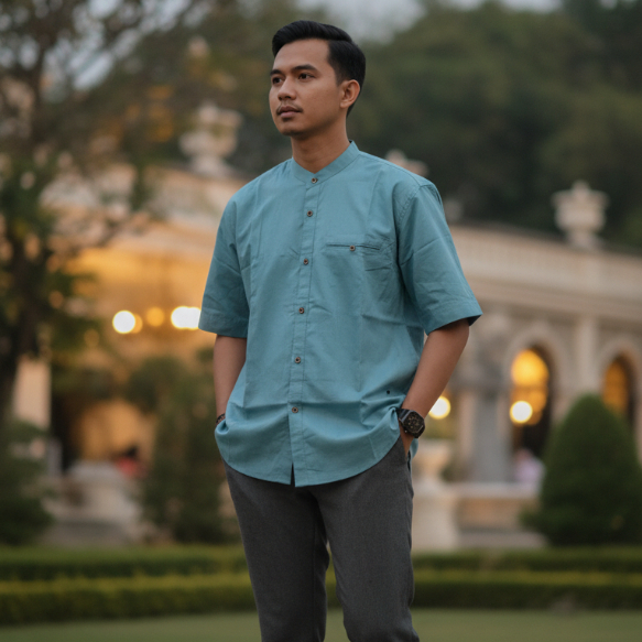 Kemeja Koko Pria Couple Ayah dan Anak Lengan Pendek Biru Wardah Hanzain
