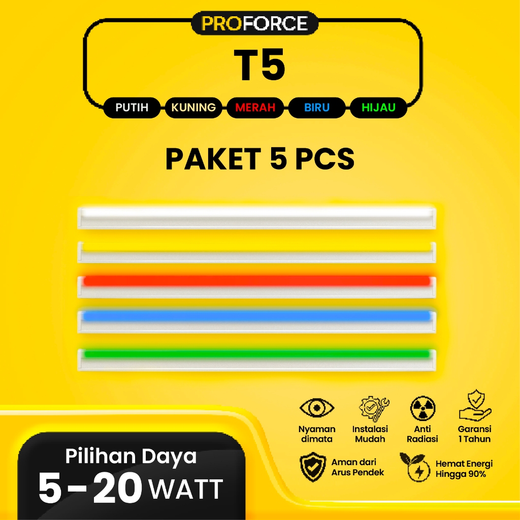 Paket 5 Pcs Proforce Lampu TL T5 Hias LED Warna Cahaya Putih Kuning Merah Biru Hijau Fluorescent Lig