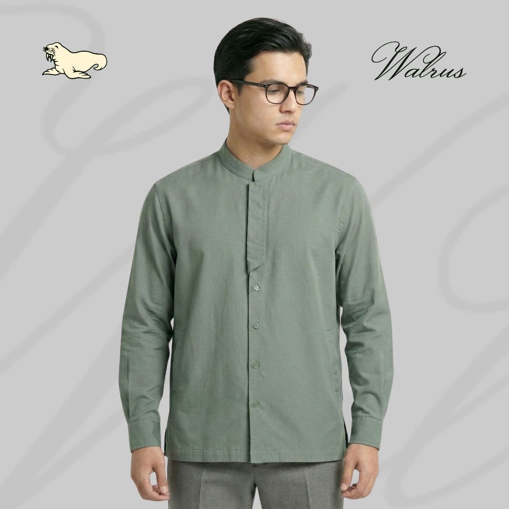 WALRUS Malik Series Baju Koko Pria Lengan Panjang Kemeja Muslim Mandarin Collar Olive Green