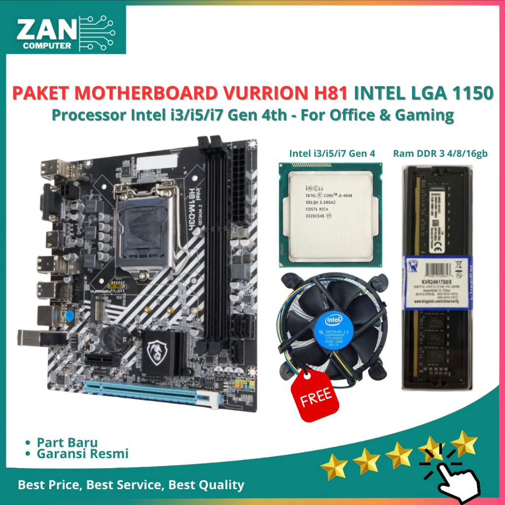 Paket Motherboard H81 Vurrion Essential Socket 1150 DDR3 M.2 NVME Support i3 4130 i5 4570 i7 4770 Mo
