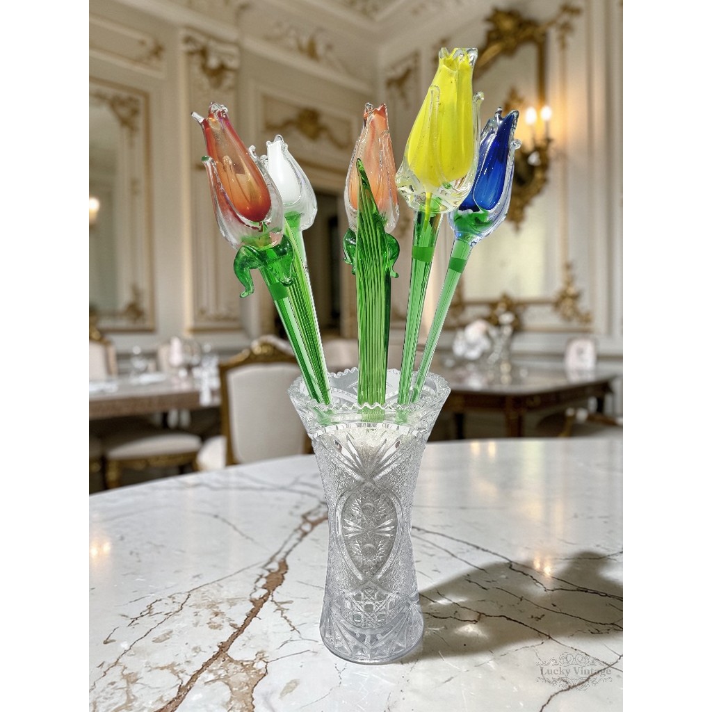 Vintage Pajangan Vas Kristal dan Bunga Tulip Kristal Bohemia Art Glass