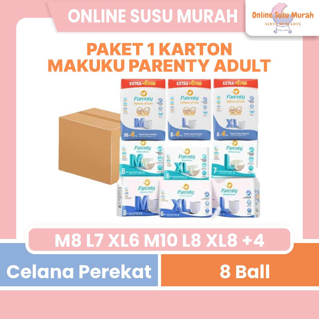 MAKUKU 1 KARTON PARENTY ADULT DIAPERS SOFT PANTS & TAPE M8 L7 XL6  M10 +4 L8 +4 XL8 +4 PPKS