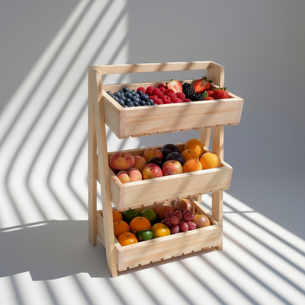 Rak Display Buah Sayur Kayu 2 & 3 Susun - Tempat Bumbu Dapur Kayu Minimalis