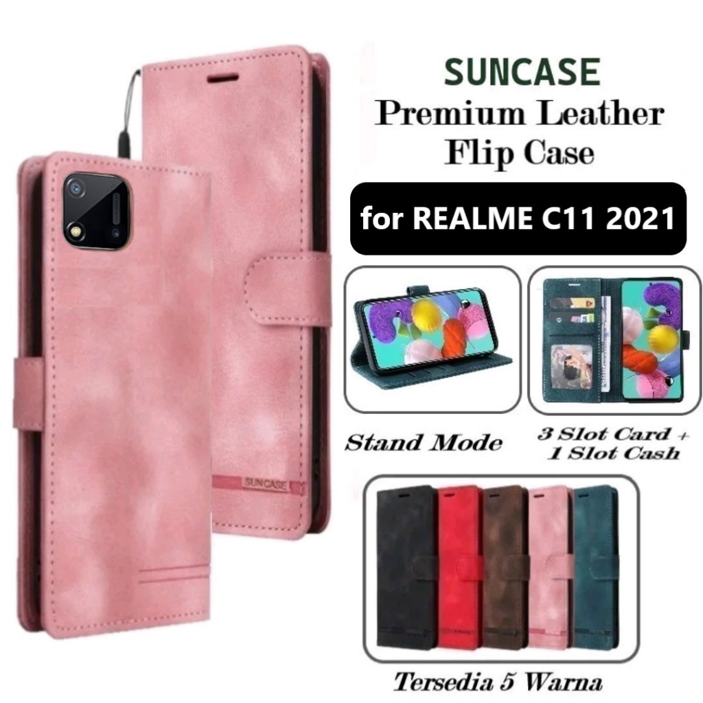Casing REALME C11 2021 model flip buka tutup case kulit ada tempat foto dan kartu juga tali hp flip 