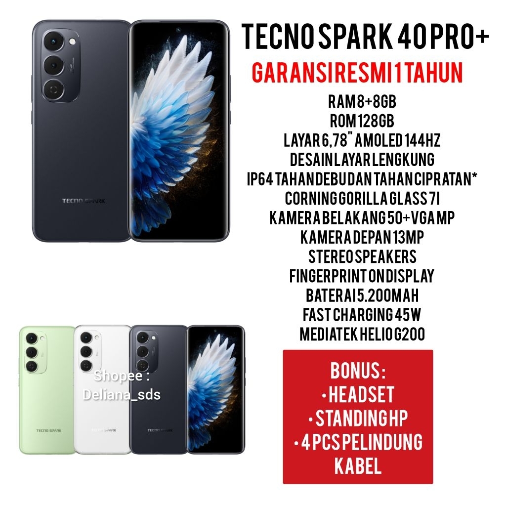 Tecno Spark 40 Pro+ 8/128 8+8/128 16/128 Garansi Resmi 1 Tahun Tecno Spark 40 Pro+ 8+8/128 Tecno Spa