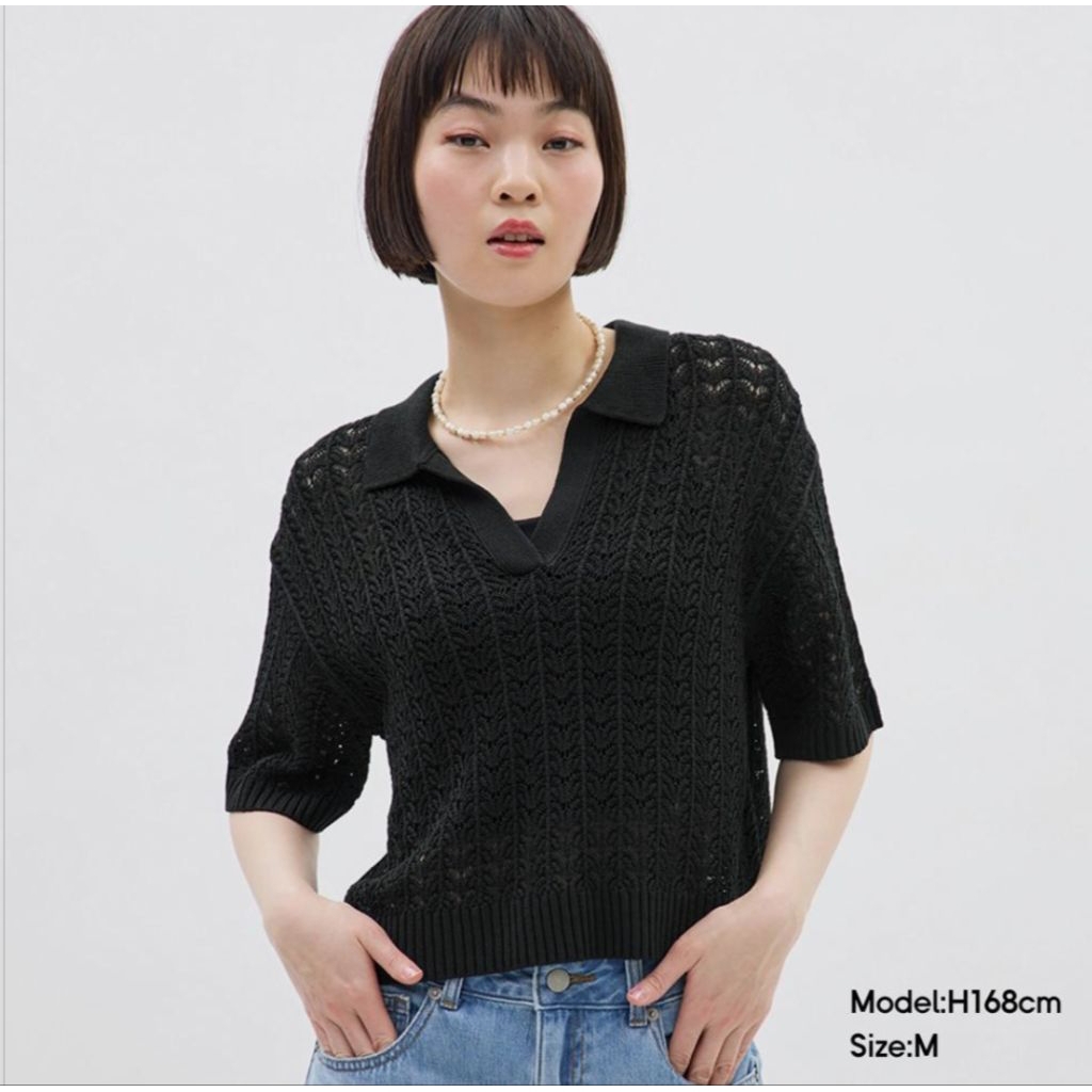 GU kemeja Polo Rajut Wanita Leher terbuka lengan pendek size XL Black