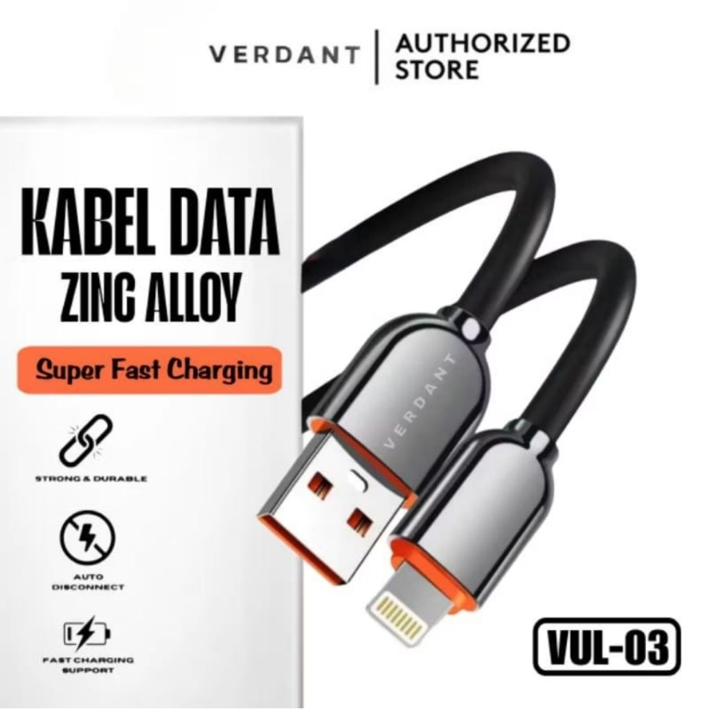 KABEL DATA USB LIGHTNING VUL3 2METER CABLE 3A QC3.0 SUPER FAST CHARGING 120W BY VERDANT