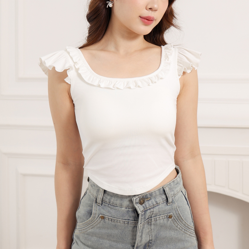 LAST KISS CLUB - SASHA TOP / Basic Ruffle Padded Top / Atasan Kaos Ruffle Putih / Crop Tee Renda