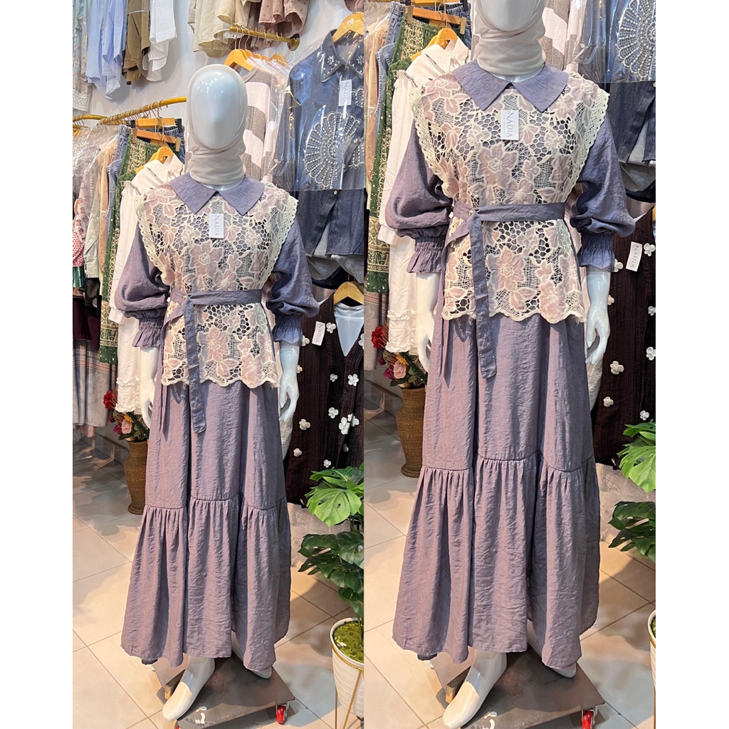 Elora Dress || gamis tancel jaguard embos kombinasi lace bordir