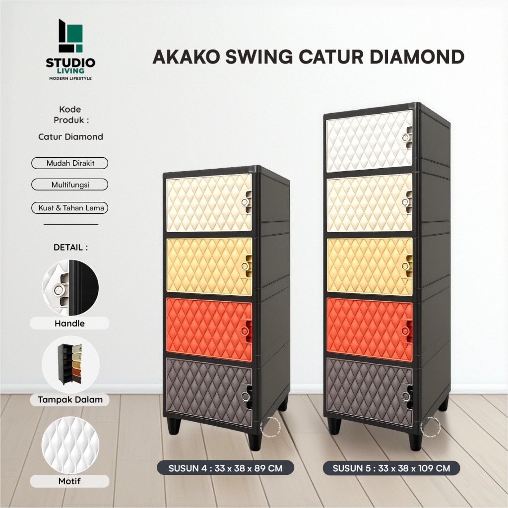AKAKO - Lemari Pakaian Plastik Swing Catur 1 Pintu Diamond dan Polos Susun 2, 3, 4 dan 5