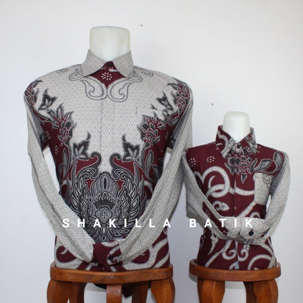 Batik Couple Ayah Anak Katun Premium Abu Abu Marun