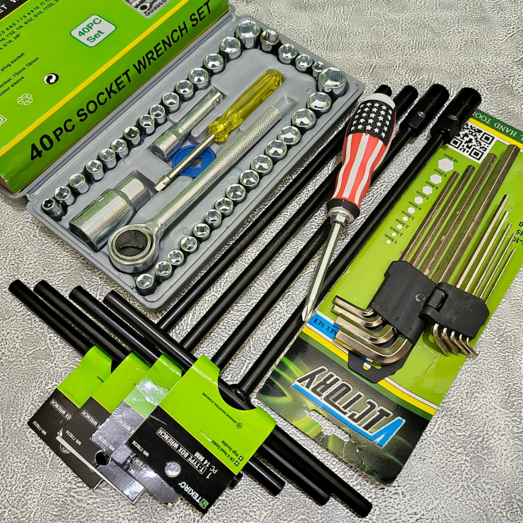 promo paket 3 set TEKIRO Kunci T 4pcs 8-10-12-14mmn +Shock Sock Set 40 Pcs + Kunci L Set 9 Pcs panja