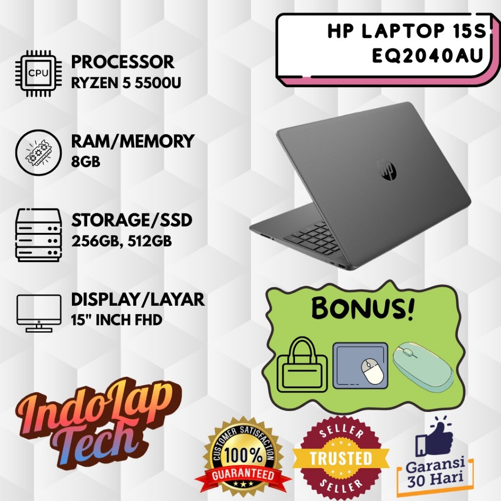 Laptop HP 15s eq2040AU AMD Ryzen 5 5500U Layar 15 Inch FHD RAM 8GB SSD 512GB