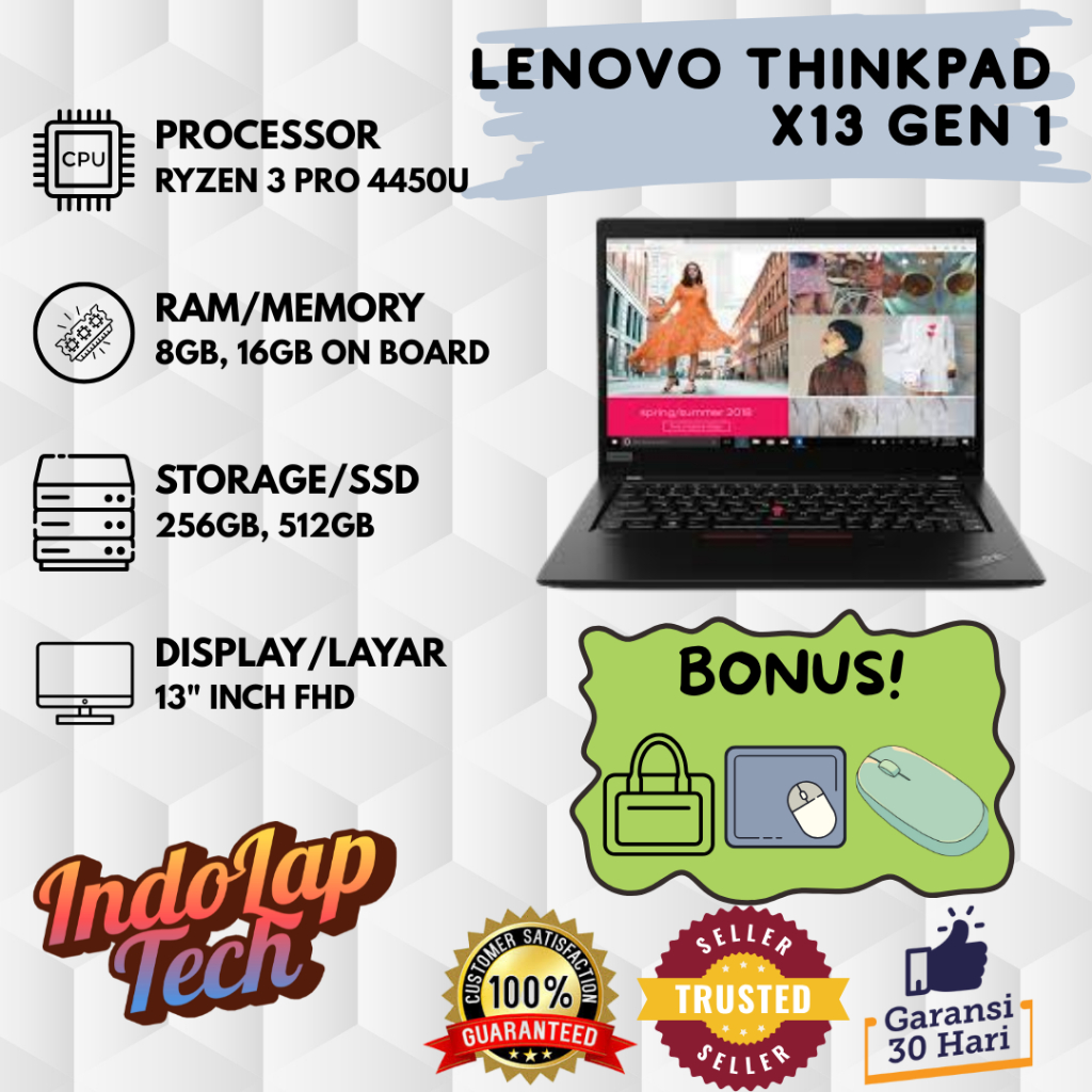 Lenovo Thinkpad X13 Gen 1 AMD Ryzen 3 PRO 4450U Layar 13 inch FHD RAM 8GB SSD 256GB/512GB