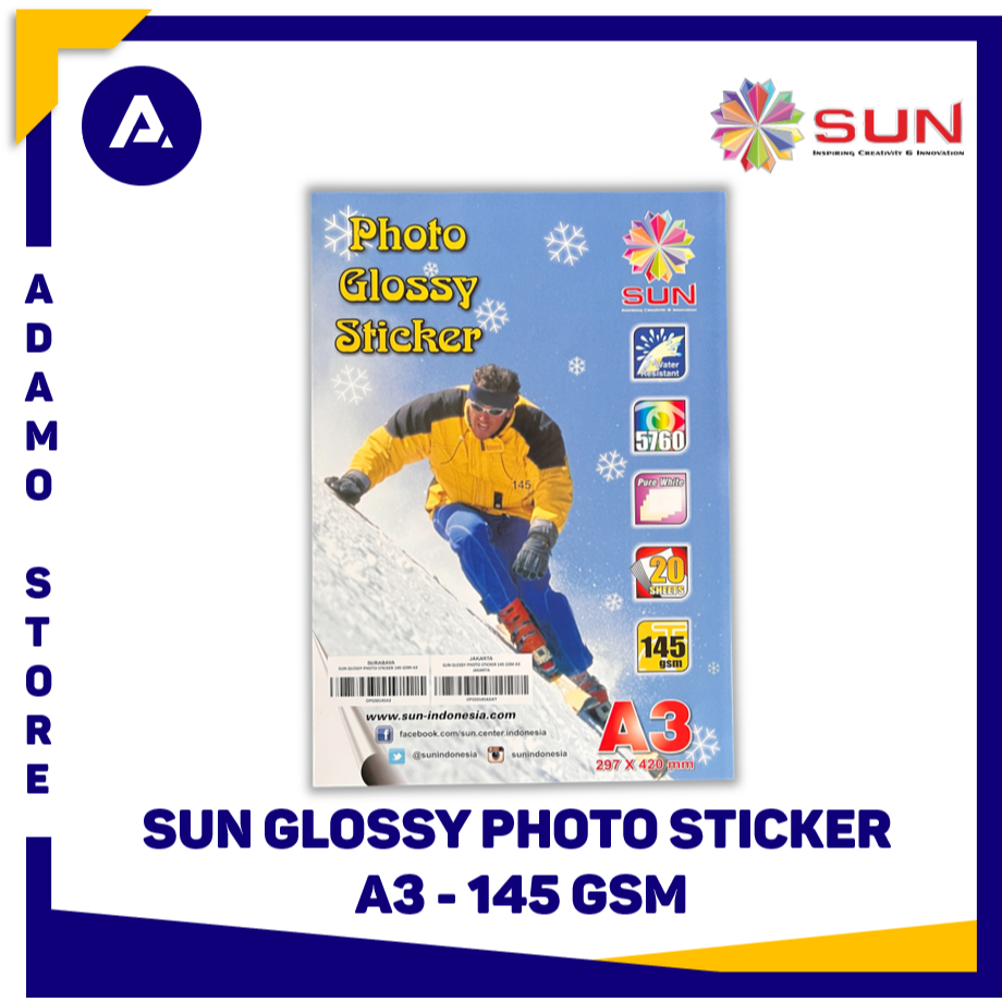 Kertas Stiker Foto Glossy A3 SUN Glossy Photo Sticker Paper 145gsm 20 Lembar