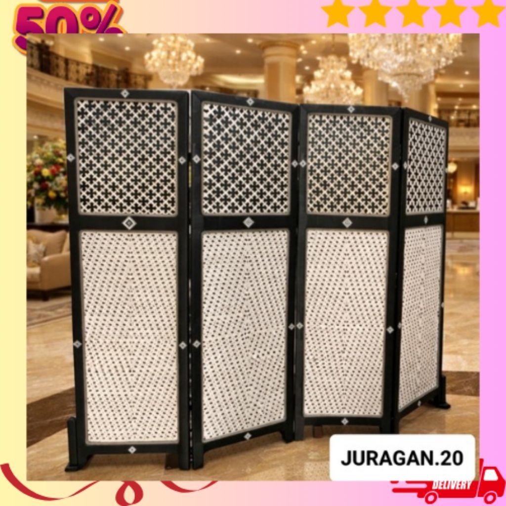 Sketsel Panel Penyekat Ruangan Motif Hitam Partisi Rotan Sintetis