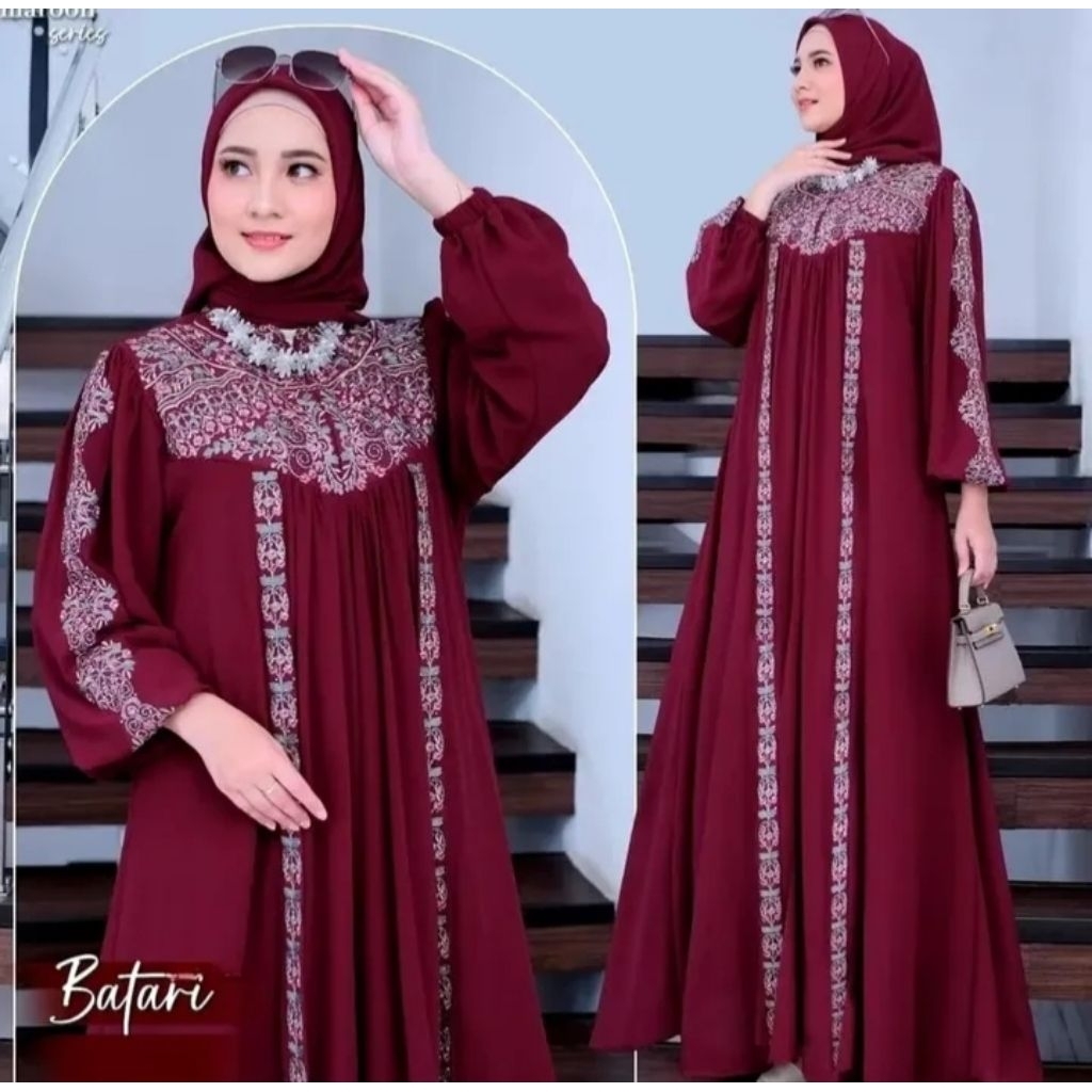 gamis dewasa bordir depan motif bunga mewah elegant / gamis turki merah maroon cantik untuk lebaran 