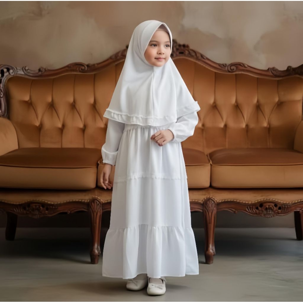 Gamis Putih Anak Perempuan Set Kerudung(Bonus Hijab)Bahan Katun Premium Usia 2-10 Tahun/Variasi Bung