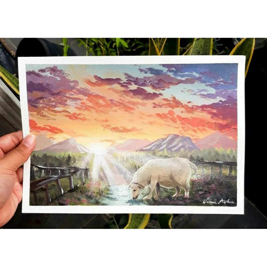 Lukisan Pemandangan Domba/ Pajangan Lukisan/ Pajangan Kamar/ Hadiah Lukisan/ Lukisan Tangan
