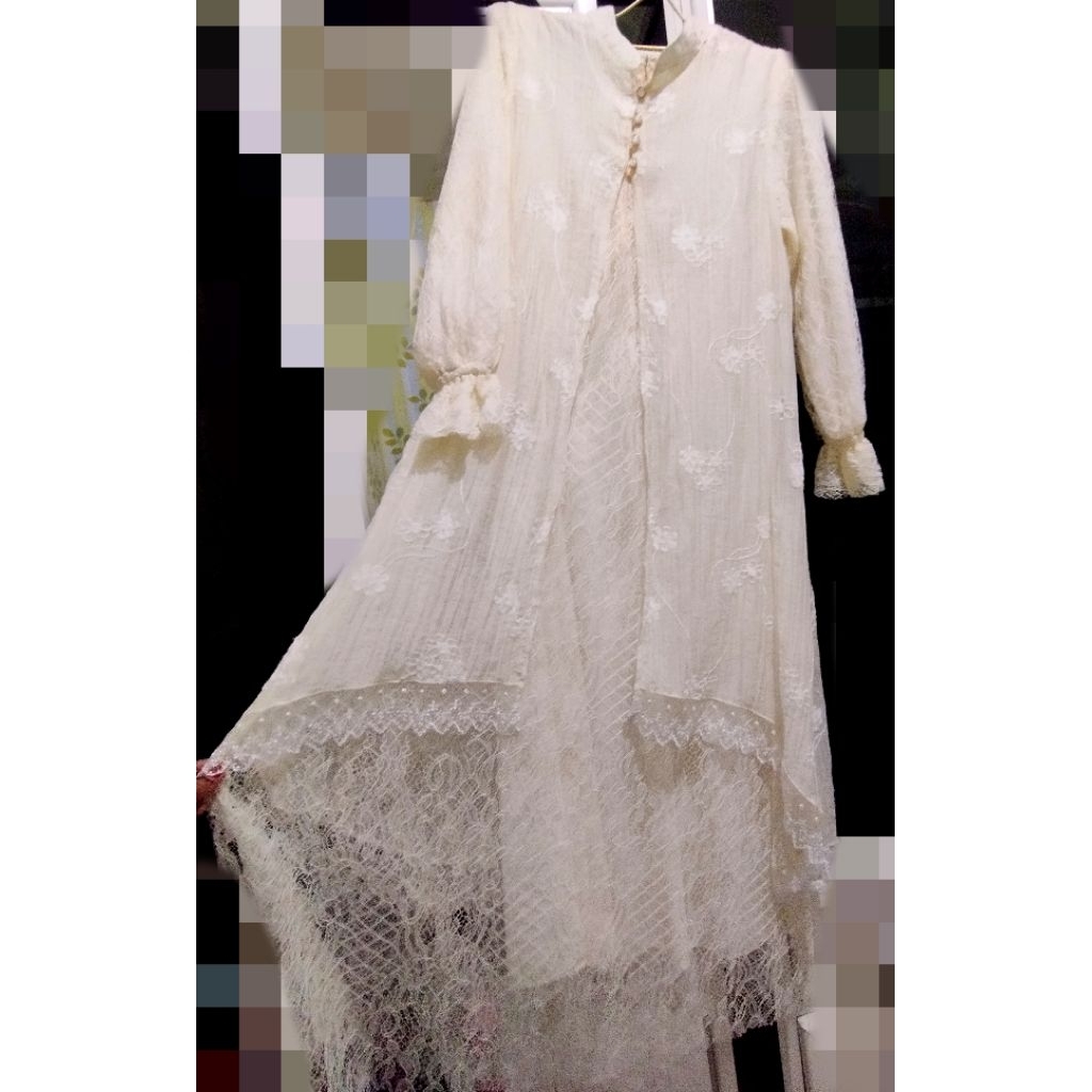 dress Brukat Premium Wanita Cream Elegant | Tunik Pesta Muslimah Brokat Layer Panjang